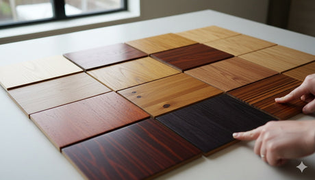A collection of various hardwood flooring samples arranged on a table, showcasing different wood species, colors, and grain patterns. A person's hands are pointing at two of the samples, highlighting the diversity of wood flooring options.