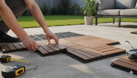 A person's hands are shown interlocking composite deck tiles onto a patio surface, demonstrating a DIY outdoor flooring installation. A tape measure and other tools are nearby, with a finished section of tiles and outdoor furniture in the background, high
