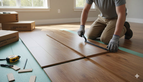 A person is installing glueless click engineered hardwood flooring, showing the process of laying wood planks over an underlayment with tools like a hammer and measuring tape nearby.