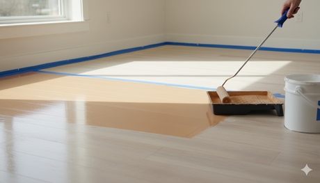 Homeowner painting a vinyl floor with a roller and painter’s tape for a smooth, refreshed finish.