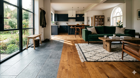 A cinematic, wide-angle photograph of an architecturally thoughtful, open-plan home featuring a sophisticated transition between distinct flooring textures. Durable, matte-finish slate-grey ceramic tile in the entryway meets warm, rich-toned engineered ha